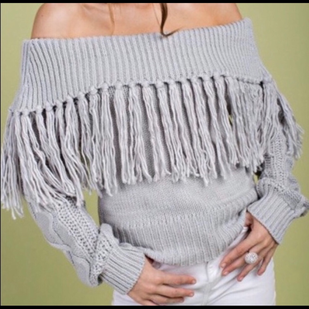 Last one off the shoulder tassel gray sweater